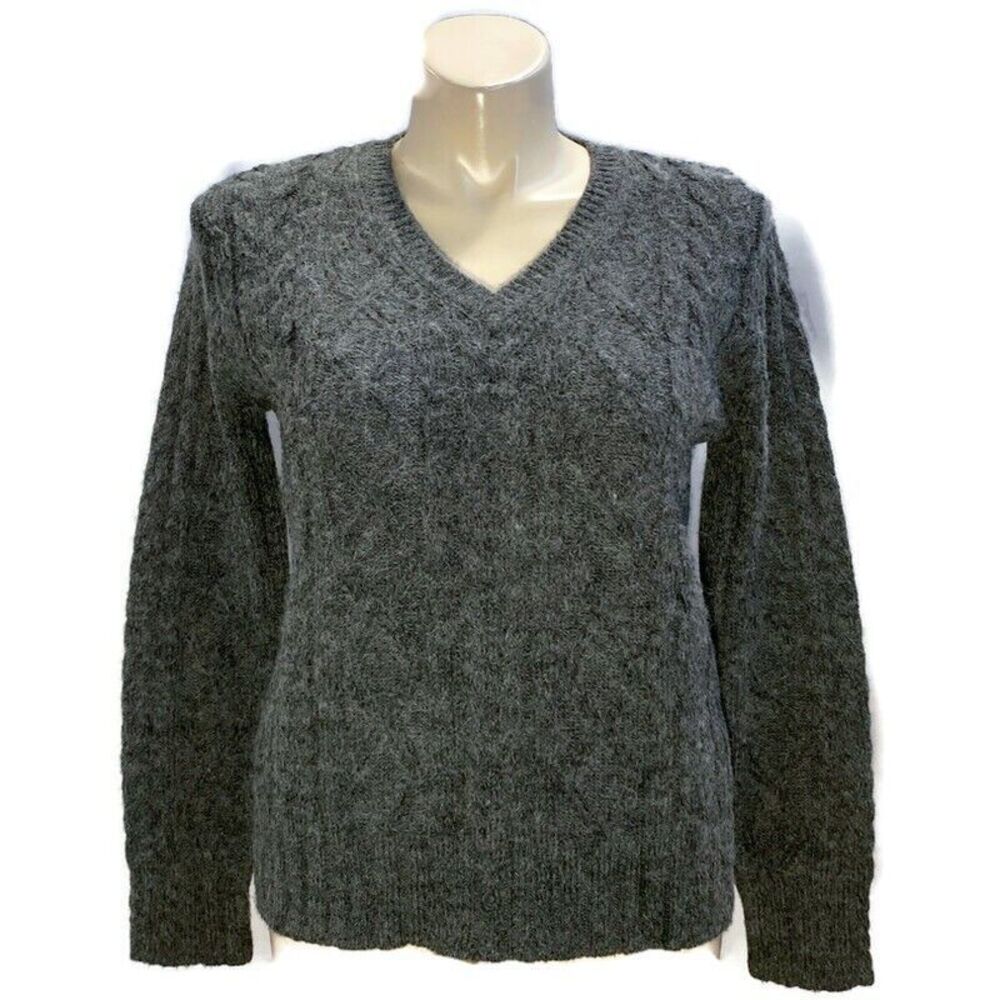 J.Crew Sweater MED Gray Soft Alpaca Cable Knit Stretch V Neck Cozy Warm VTG‎